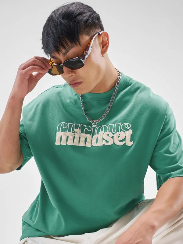 Highlander Men Turquoise Printed Round Neck Oversized Fit T-Shirt