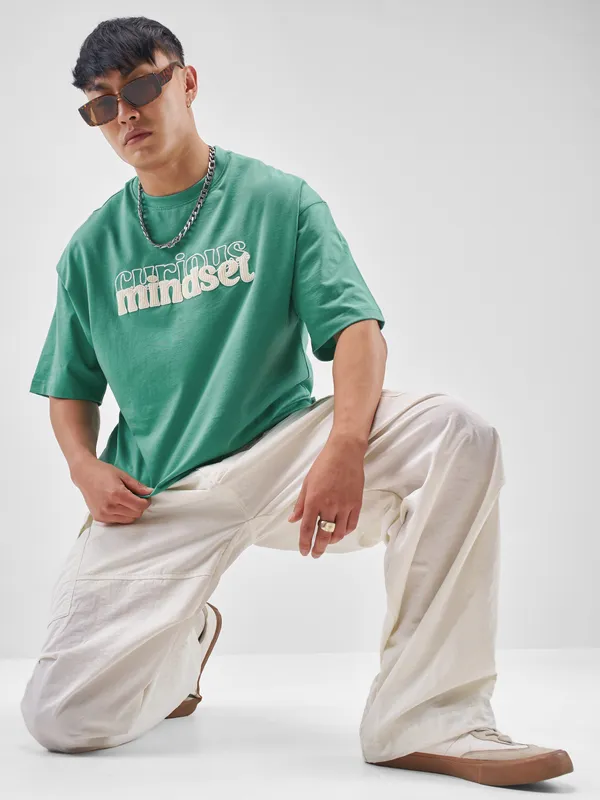 Highlander Men Turquoise Printed Round Neck Oversized Fit T-Shirt