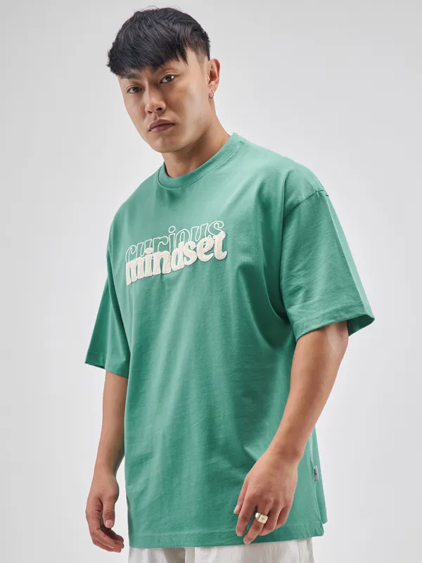 Highlander Men Turquoise Printed Round Neck Oversized Fit T-Shirt