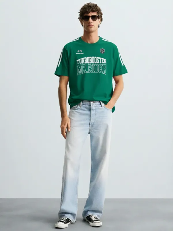 Highlander Men Green Printed Round Neck Oversized Fit T-Shirt