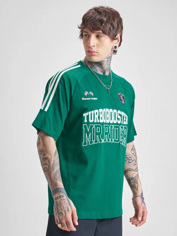 Highlander Men Green Printed Round Neck Oversized Fit T-Shirt