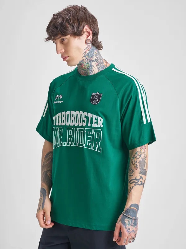 Highlander Men Green Printed Round Neck Oversized Fit T-Shirt