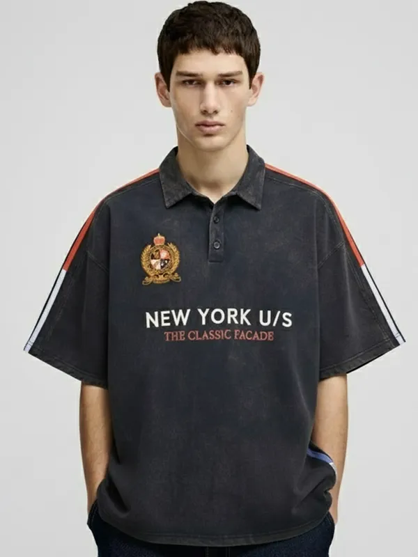 Highlander Men Blue Printed Polo Collar Oversized Fit T-Shirt