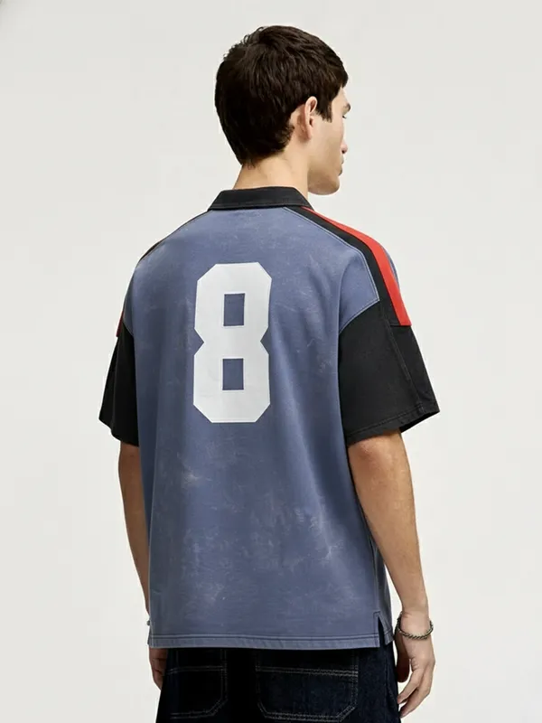 Highlander Men Blue Printed Polo Collar Oversized Fit T-Shirt