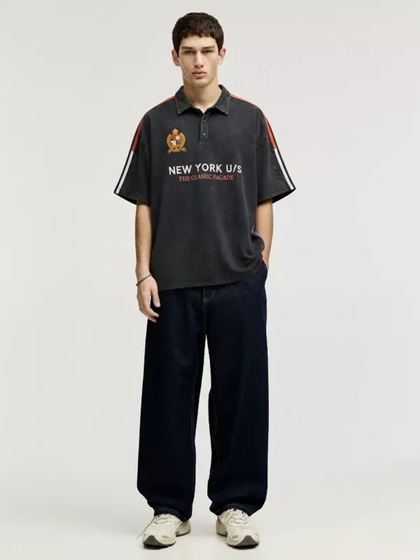 Highlander Men Blue Printed Polo Collar Oversized Fit T-Shirt