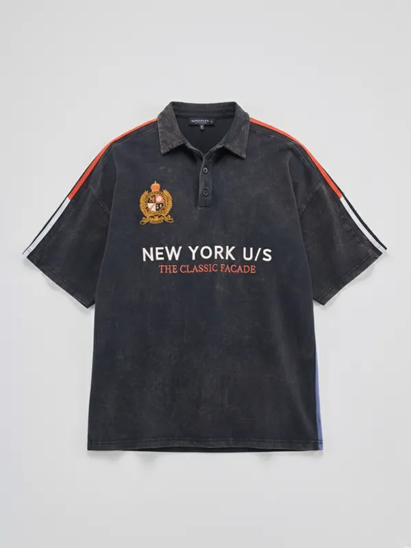 Highlander Men Blue Printed Polo Collar Oversized Fit T-Shirt