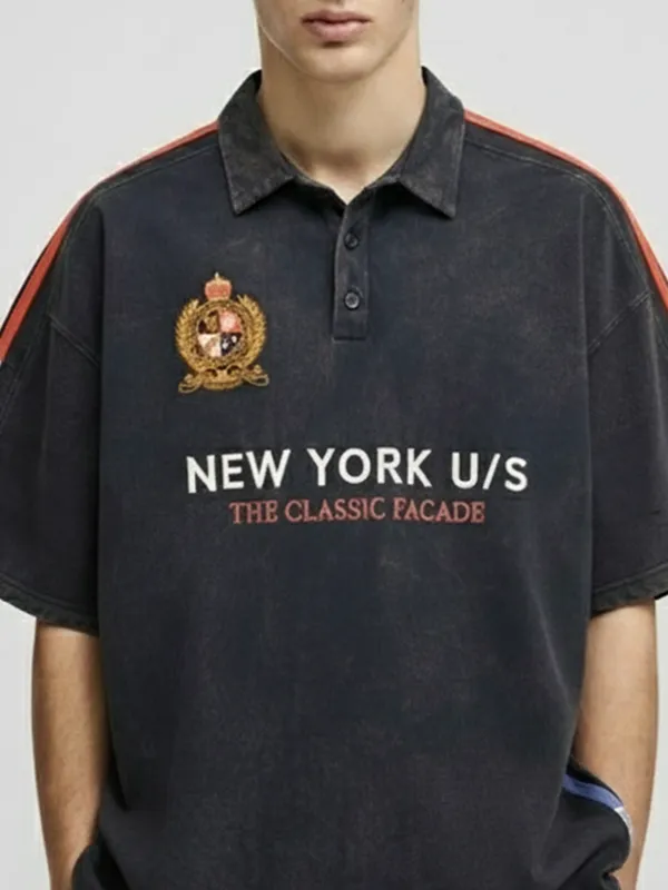 Highlander Men Blue Printed Polo Collar Oversized Fit T-Shirt