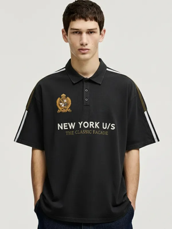 Highlander Men Black Printed Polo Collar Oversized Fit T-Shirt