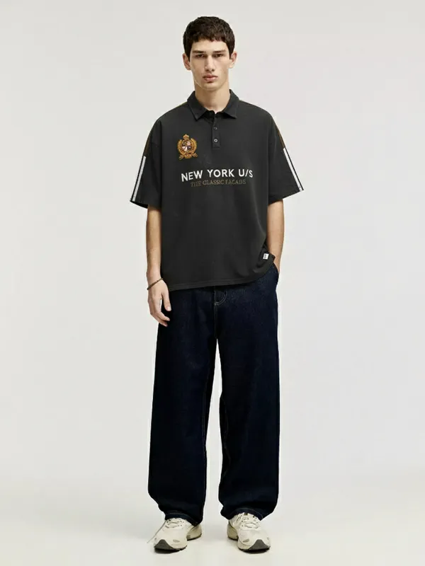 Highlander Men Black Printed Polo Collar Oversized Fit T-Shirt