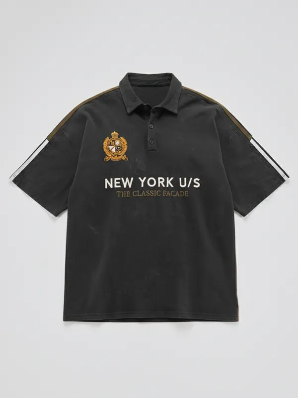 Highlander Men Black Printed Polo Collar Oversized Fit T-Shirt