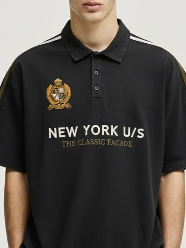 Highlander Men Black Printed Polo Collar Oversized Fit T-Shirt