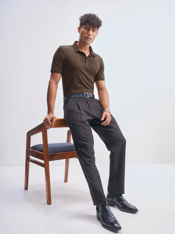 Highlander Men Brown Solid Polo Collar T-Shirt