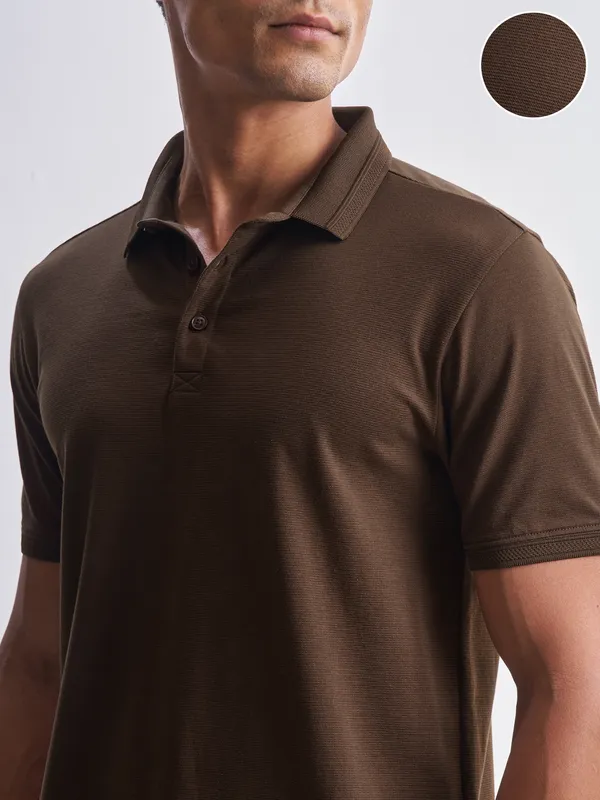 Highlander Men Brown Solid Polo Collar T-Shirt