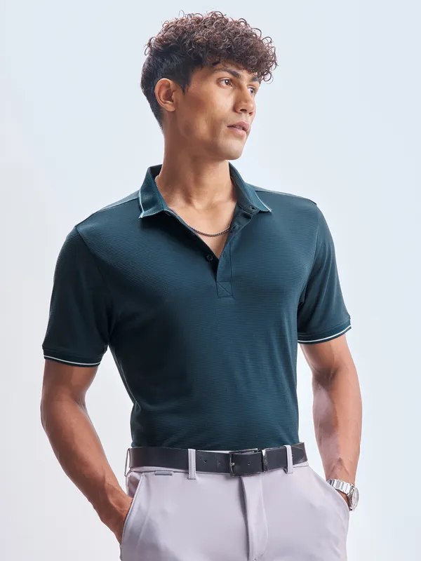 Highlander Men Navy Blue Solid Polo Collar T-Shirt