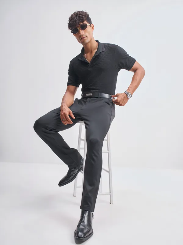 Highlander Men Black Self Design Polo Collar T-Shirt
