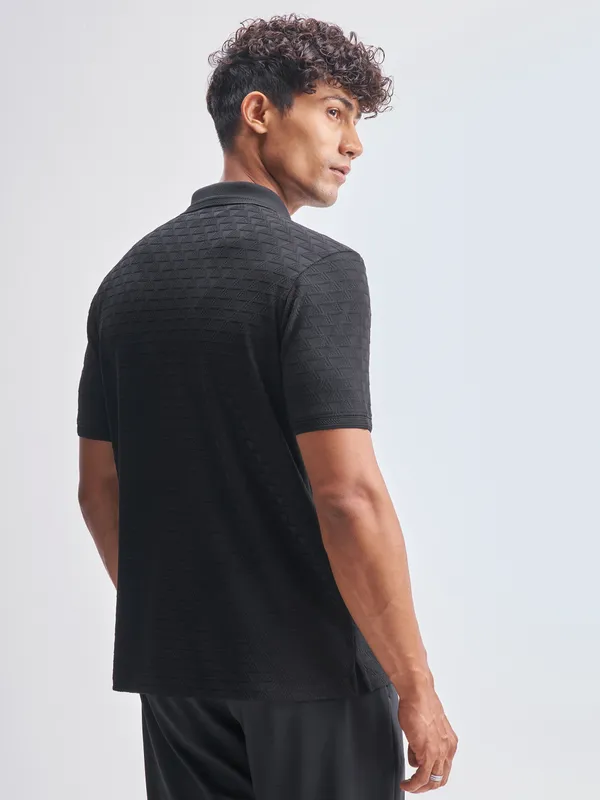Highlander Men Black Self Design Polo Collar T-Shirt
