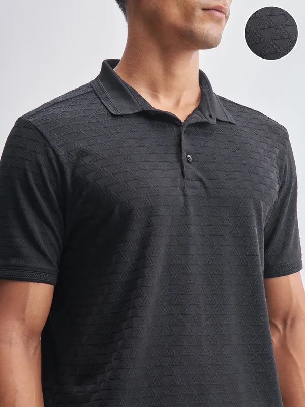 Highlander Men Black Self Design Polo Collar T-Shirt