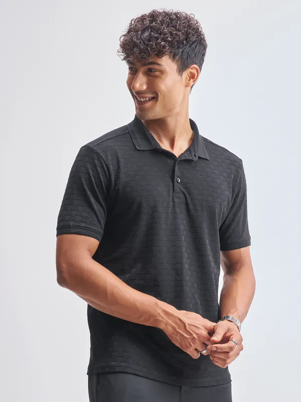 Highlander Men Black Self Design Polo Collar T-Shirt