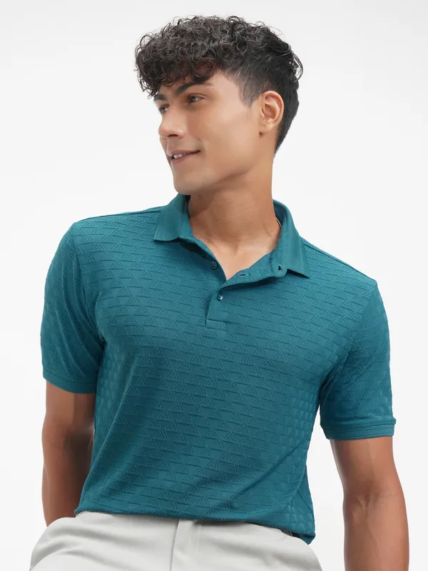 Highlander Men Teal Solid Polo Collar T-Shirt