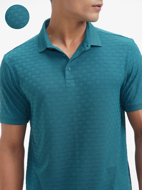 Highlander Men Teal Solid Polo Collar T-Shirt