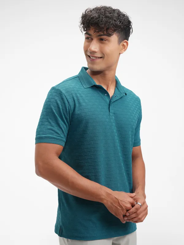 Highlander Men Teal Solid Polo Collar T-Shirt