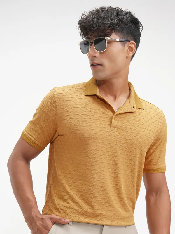 Highlander Men Mustard Solid Polo Collar T-Shirt