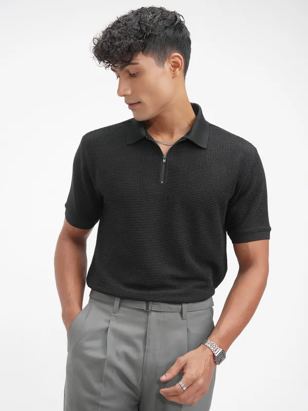 Highlander Men Black Solid Polo Collar T-Shirt