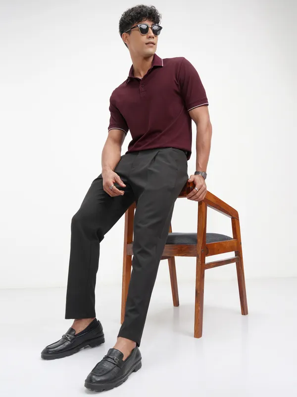 Highlander Men Maroon Solid Polo Collar T-Shirt