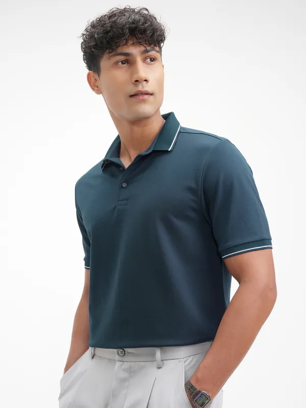 Highlander Men Navy Blue Solid Polo Collar T-Shirt