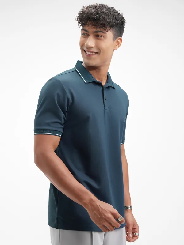 Highlander Men Navy Blue Solid Polo Collar T-Shirt