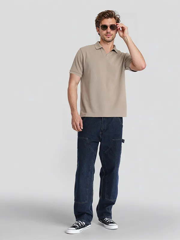 Highlander Men Beige Solid Polo Collar T-Shirt