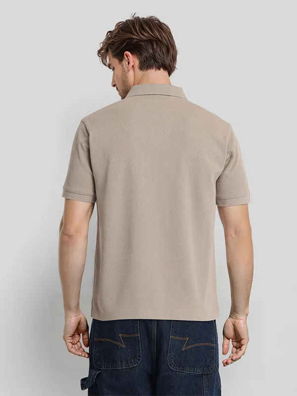 Highlander Men Beige Solid Polo Collar T-Shirt