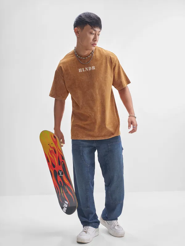 Highlander Men Mustard Printed Round Neck T-Shirt