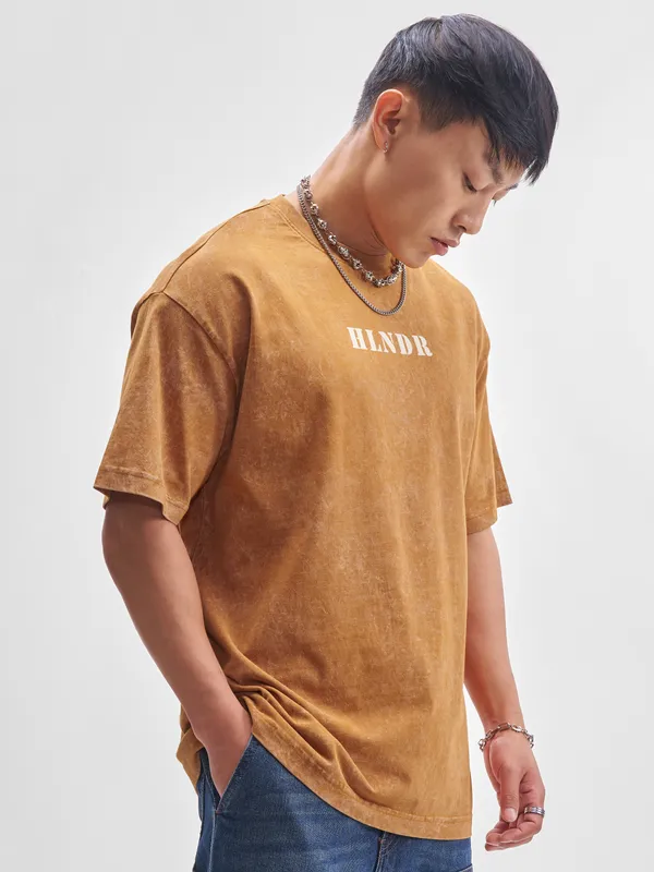 Highlander Men Mustard Printed Round Neck T-Shirt