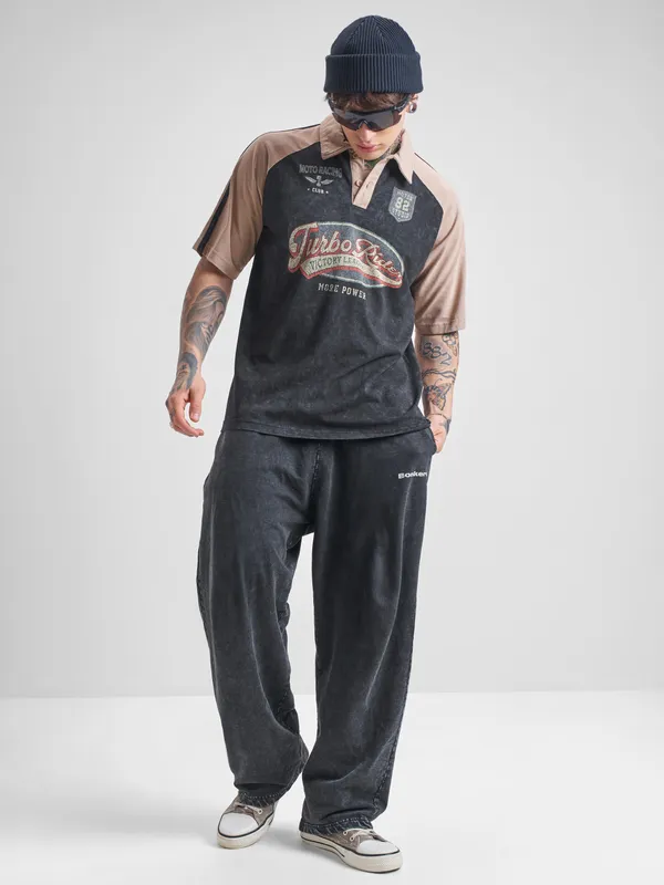 Highlander Men Black Printed Polo Collar T-Shirt