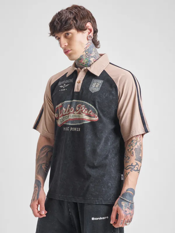 Highlander Men Black Printed Polo Collar T-Shirt