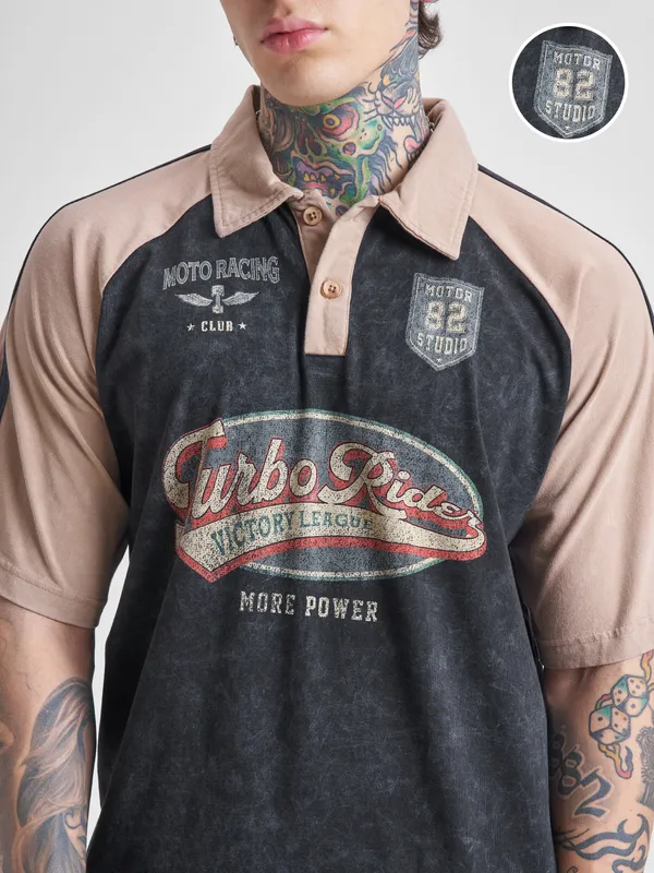 Highlander Men Black Printed Polo Collar T-Shirt