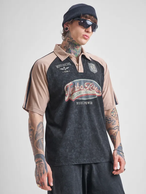 Highlander Men Black Printed Polo Collar T-Shirt