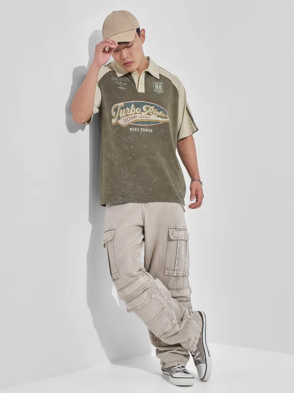 Highlander Men Olive Printed Polo Collar T-Shirt