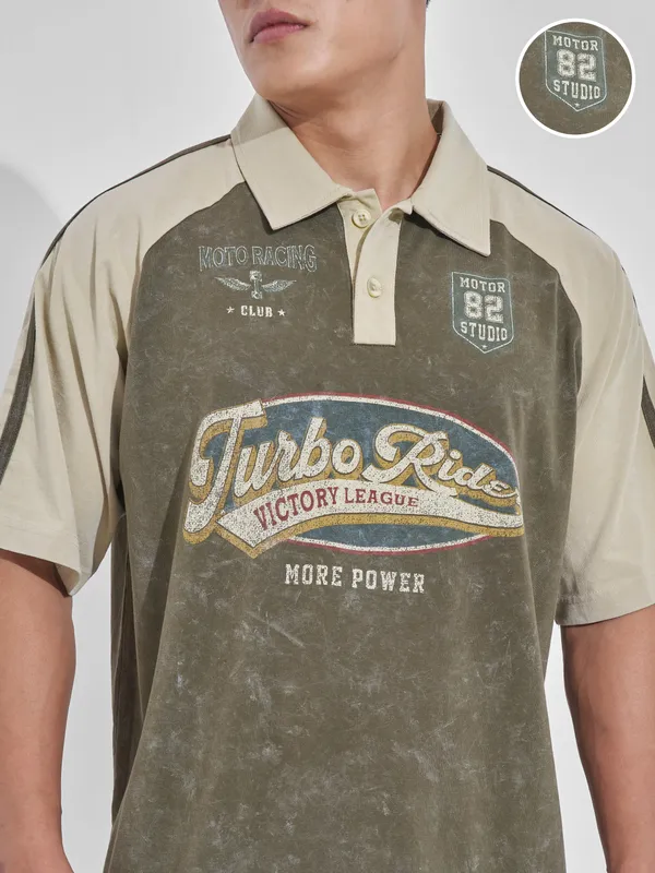 Highlander Men Olive Printed Polo Collar T-Shirt