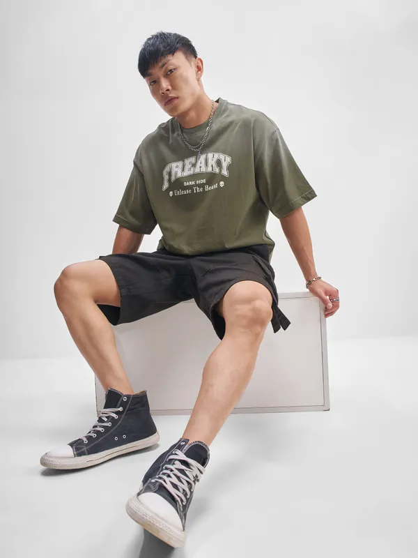 Highlander Men Olive Printed Round Neck Oversized Fit T-Shirt