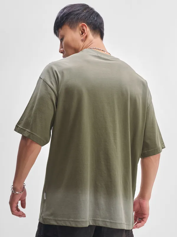 Highlander Men Olive Printed Round Neck Oversized Fit T-Shirt