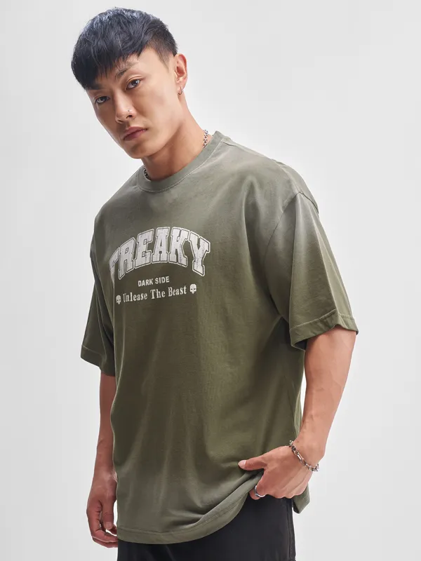 Highlander Men Olive Printed Round Neck Oversized Fit T-Shirt