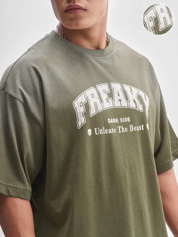 Highlander Men Olive Printed Round Neck Oversized Fit T-Shirt