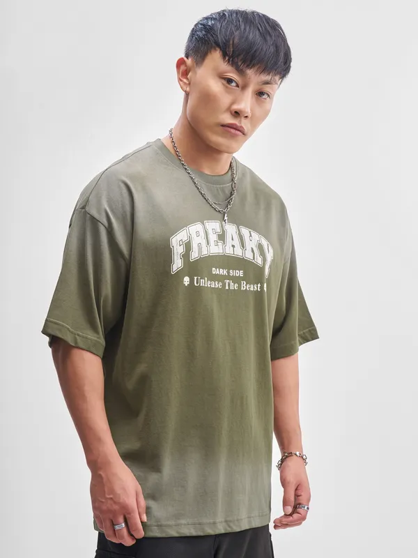 Highlander Men Olive Printed Round Neck Oversized Fit T-Shirt