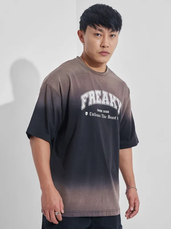 Highlander Men Olive Printed Round Neck Oversized Fit T-Shirt