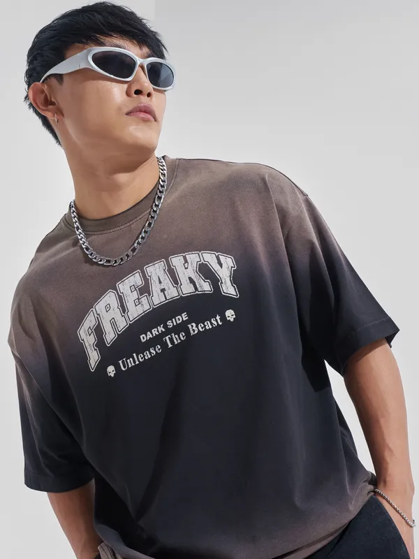 Highlander Men Navy Blue Printed Round Neck Oversized Fit T-Shirt