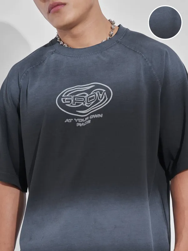 Highlander Men Black Printed Round Neck Oversized Fit T-Shirt