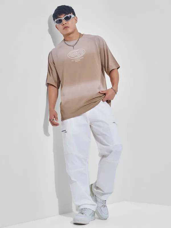 Highlander Men Tan Printed Round Neck Oversized Fit T-Shirt