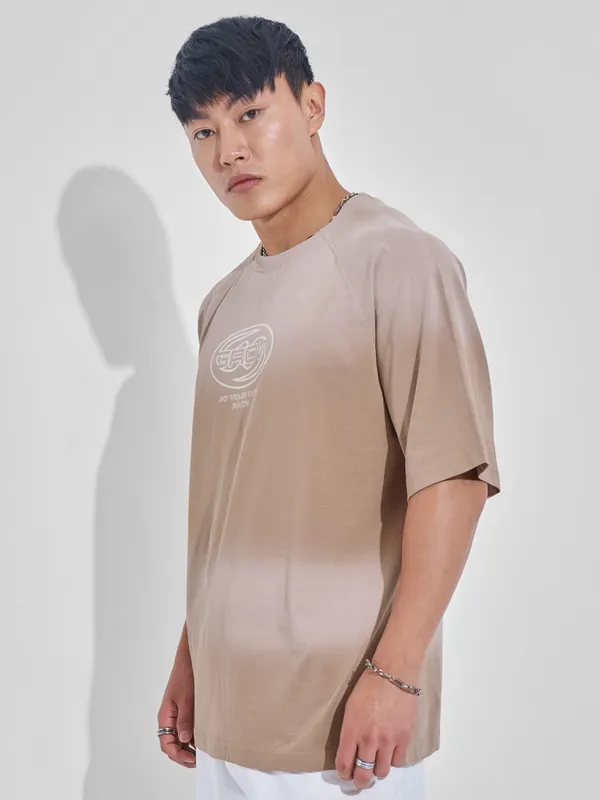 Highlander Men Tan Printed Round Neck Oversized Fit T-Shirt